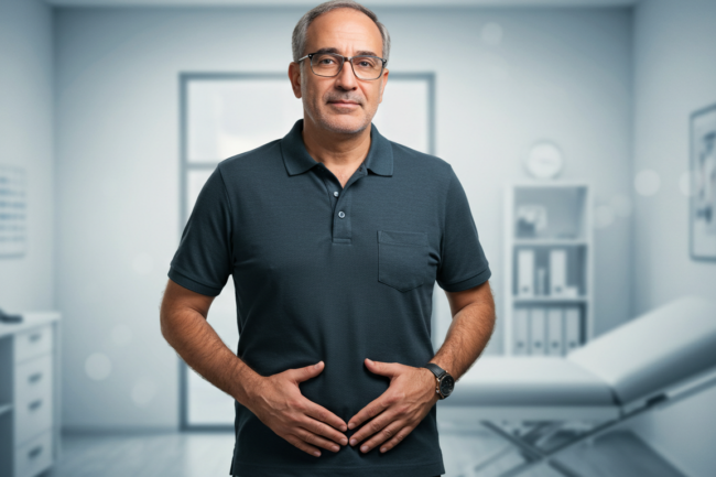 A realistic portrait of a middle-aged pardo man, approximately 55 to 60 years old, representing a middle-class lifestyle. He has a calm and approachable appearance, wearing casual but neat clothing, such as a polo shirt and jeans. His expression is thoughtful yet hopeful, as he gently places his hands over his lower abdomen, symbolizing awareness of colorectal health. The background is a clean, modern environment, like a doctor's office or a health clinic. The tone is educational and respectful, promoting health awareness and the importance of preventive care