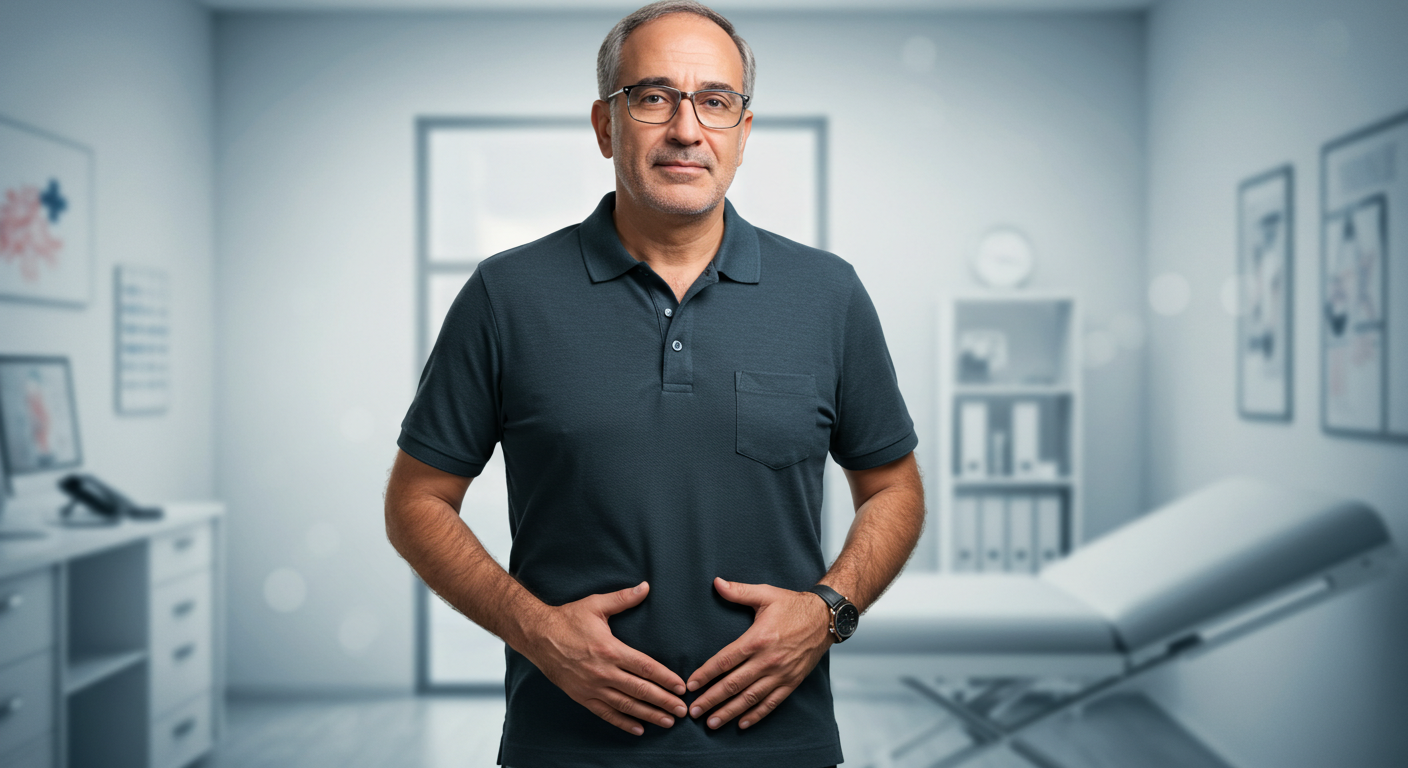 A realistic portrait of a middle-aged pardo man, approximately 55 to 60 years old, representing a middle-class lifestyle. He has a calm and approachable appearance, wearing casual but neat clothing, such as a polo shirt and jeans. His expression is thoughtful yet hopeful, as he gently places his hands over his lower abdomen, symbolizing awareness of colorectal health. The background is a clean, modern environment, like a doctor's office or a health clinic. The tone is educational and respectful, promoting health awareness and the importance of preventive care