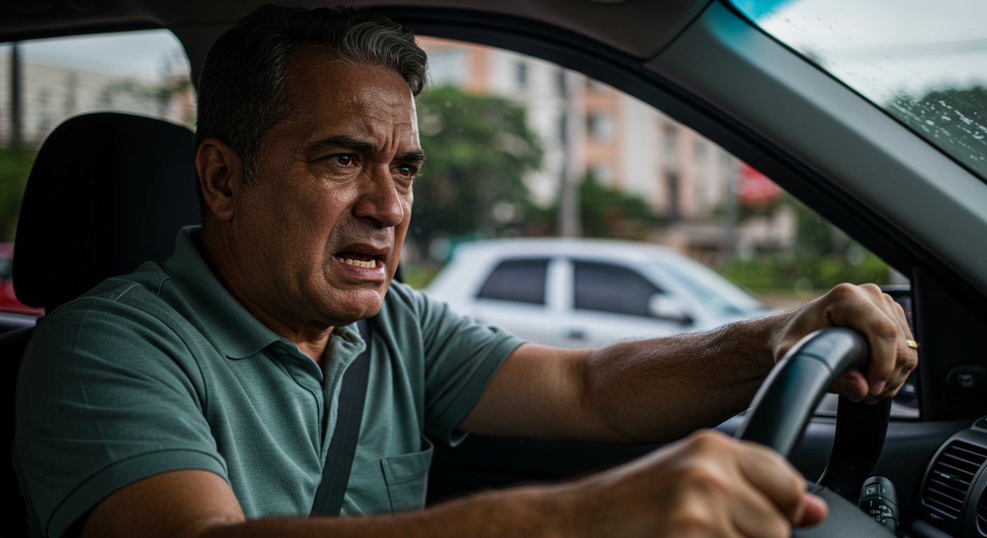 Homem brasileiro de meia-idade visivelmente estressado dentro do carro, preso no trânsito, com expressão de tensão e cansaço.