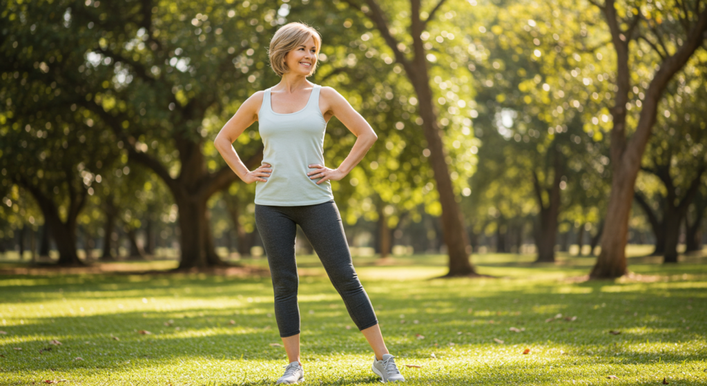 Mulher de meia-idade caminhando ao ar livre em um parque, com expressão de bem-estar e postura confiante, representando saúde dos ossos e estilo de vida ativo.