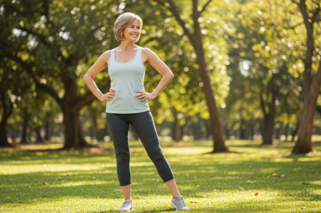 Mulher de meia-idade caminhando ao ar livre em um parque, com expressão de bem-estar e postura confiante, representando saúde dos ossos e estilo de vida ativo.