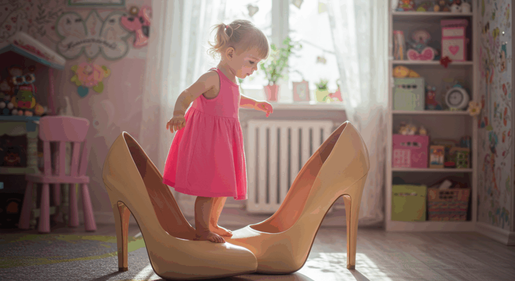 Child dressed in adult clothes and heavy makeup, symbolizing child adultization.