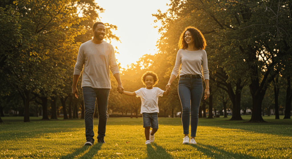 Família caminhando ao ar livre ao pôr do sol, simbolizando esperança e vida significativa.