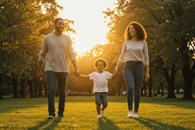 Família caminhando ao ar livre ao pôr do sol, simbolizando esperança e vida significativa.