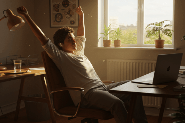 Pessoa brasileira sentada em cadeira de escritório, ao lado da mesa de trabalho, se alongando com os braços para cima, laptop aberto e copo de água sobre a mesa. Cena mostra como evitar a queda de energia à tarde.